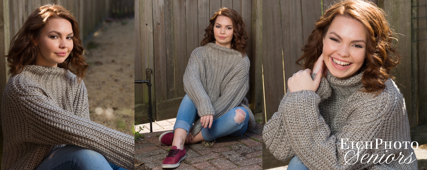 Webster Groves High School student backyard Senior Pictures. Rolled jeans, red keds, oversized textured sweater, at home, backyard, wooden fence, cobblestone walkway in garden