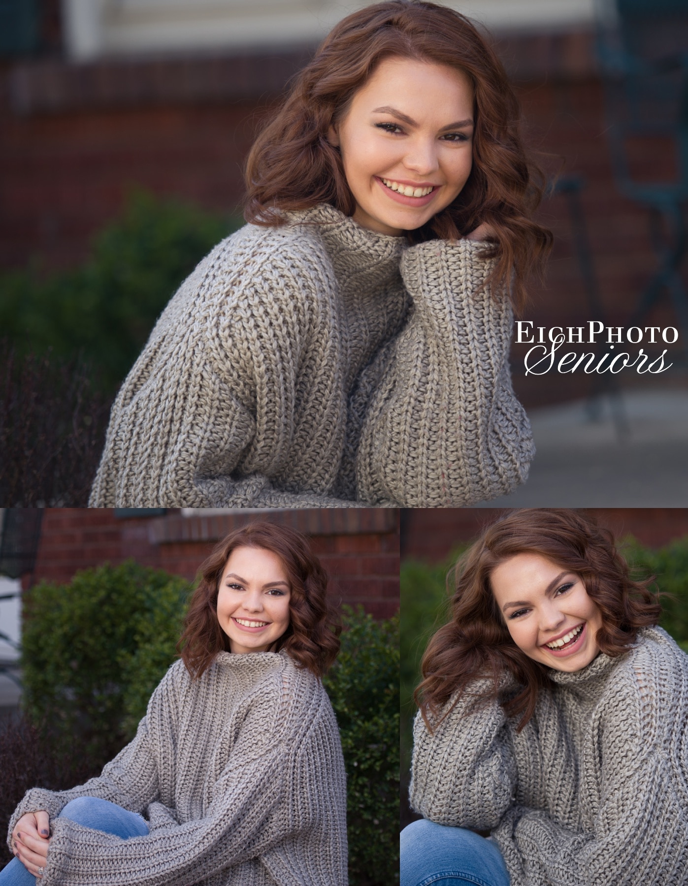 Webster Groves High School student backyard Senior Pictures. wavy red brown hair, oversized sweater, parents' front porch, giggling laughing smiling 