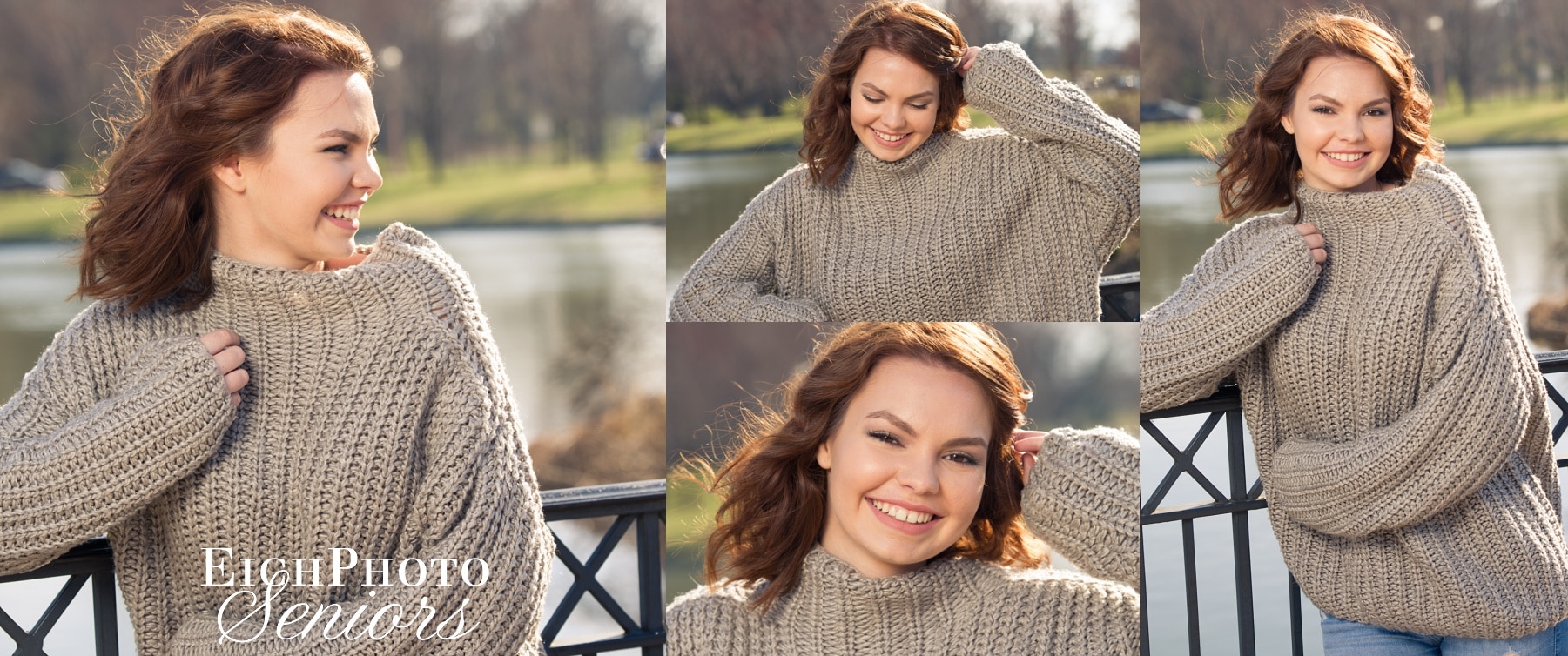 Liz Gilstrap, LGBTQ Webster Groves High School Senior Portraits in Forest Park in St. Louis. Smiling laughing on bridge in front of the Muny