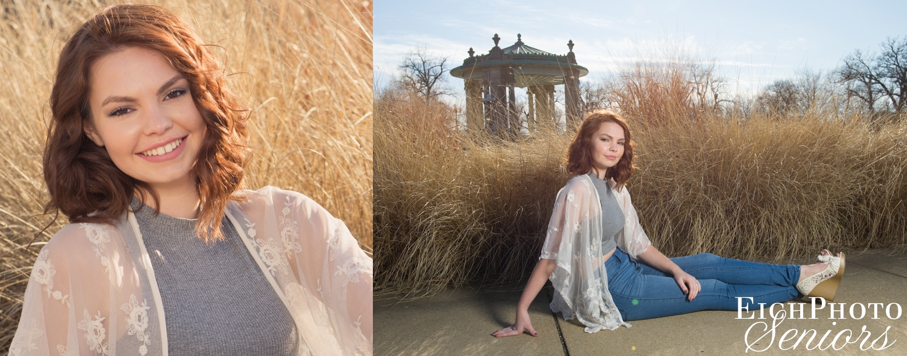 Fall Senior Portraits in Forest Park in St. Louis. Senior girl in front of tall grass at THE NATHAN FRANK BANDSTAND gazebo inside PAGODA CIRCLE at Forest Park