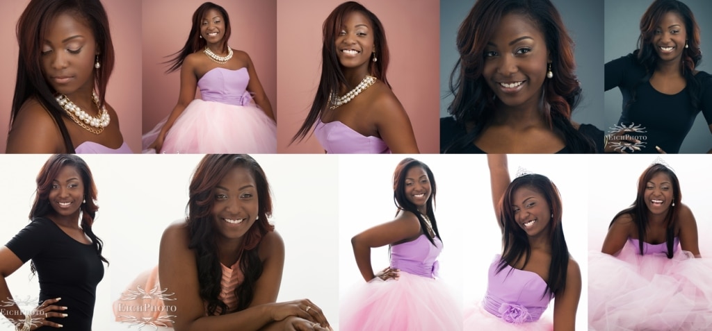 Ladue High School Senior. Beautiful black girl with pink & purple party dress twirling for the camera